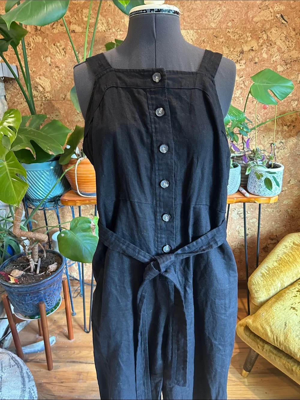Everlane Black Linen Button-Front Jumpsuit with Tie Waist